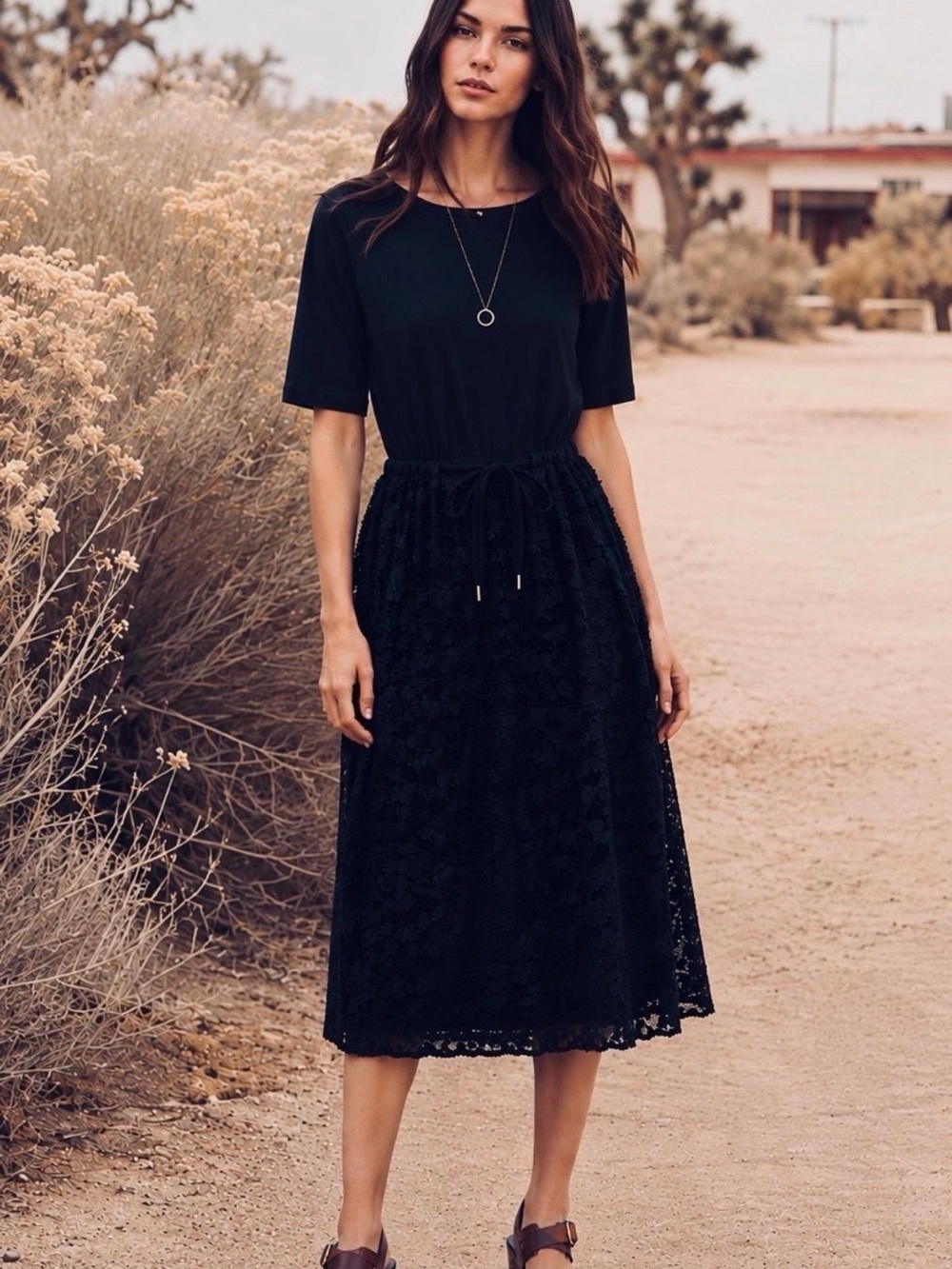 See By Chloé Black Short-Sleeve Lace Midi Dress